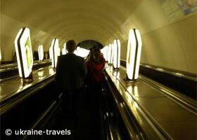 Kiev, The long escalator on the underground.